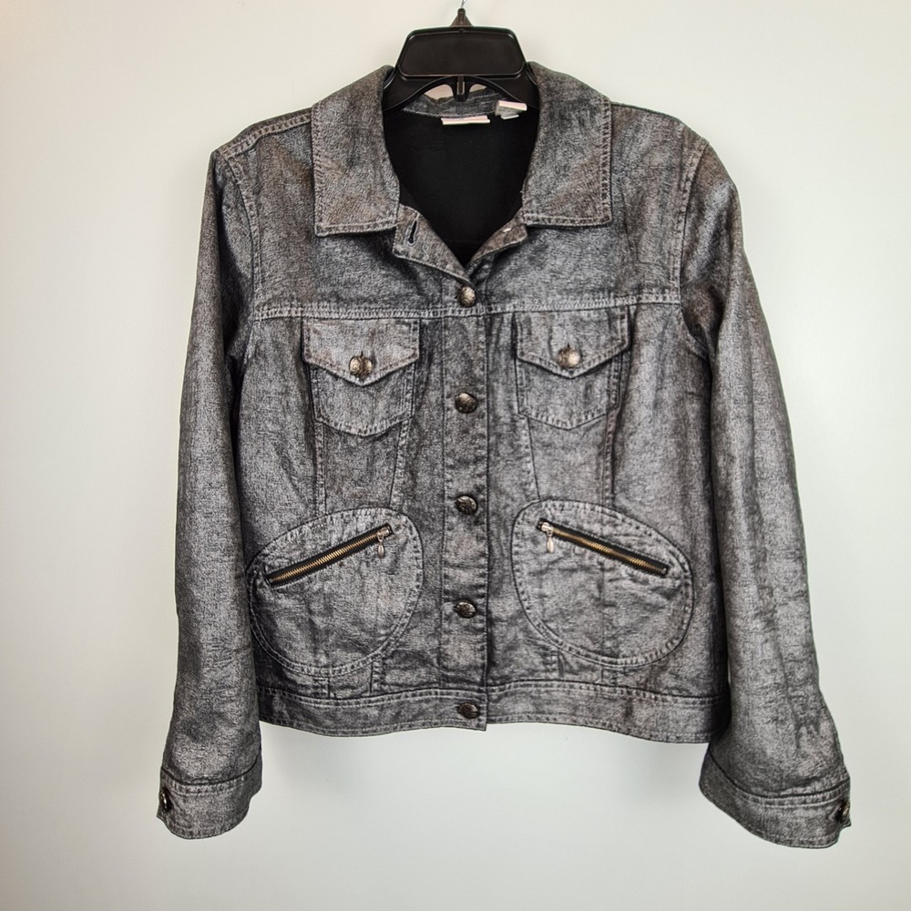 Chicos Metallic Silver Coated Denim Trucker Jacket Gray Textured Cotton Size 2